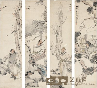 胡术 青山闲居图 128.5×32cm×4
