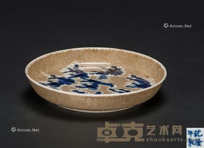 清代 酱黄底开片青花八骏图碟 直径14cm