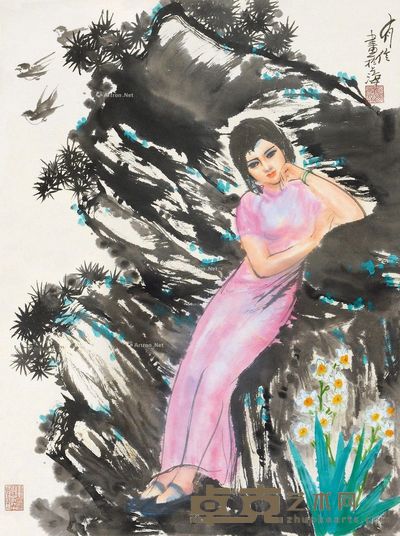 姚有信 倚石少女 86×63cm