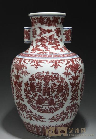 清乾隆釉里红吉庆有余贯耳尊 圈足:15cm;口径:11.7cm;高:39.7cm、