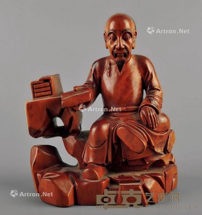 清 黄杨木雕人物坐像 高14cm