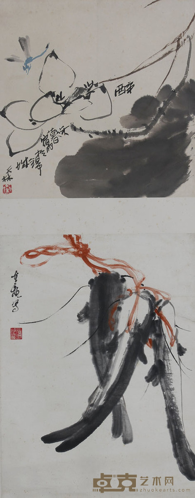 秦天林、陈重枢《荷花.鱼》 85×34cm