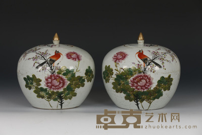 民国 粉彩花鸟罐一对 高:22cm