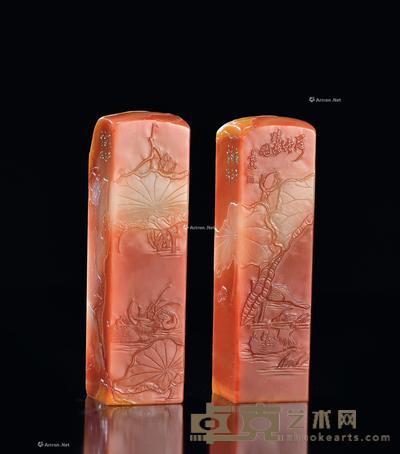 林文举 李红善伯洞石 荷塘戏水对章 两件相同9.7×2.7×2.7cm