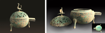 战汉·青铜搓银三足鸟扣柄式香炉
