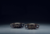 清·紫檀镂雕花卉纹杯一组两件