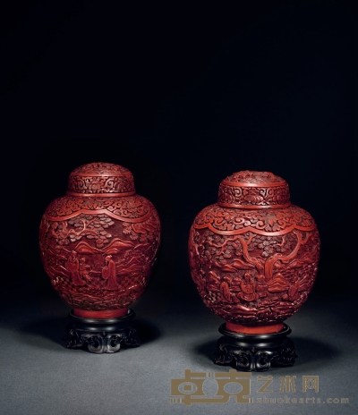 清·铜胎剔红高士图盖罐一对 带座高：24cm 罐高：20.2cm