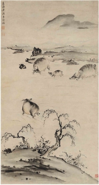 朱沦瀚（1680～1760） 群牛戏水图