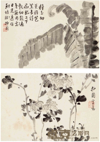 李方膺（1695～1755年后） 芭蕉图·菊花图 35×24cm 34×24cm