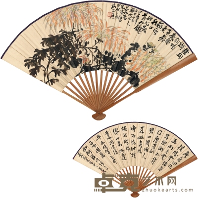 谢公展（1885～1940） 秋菊图 书法 50.5×18cm
