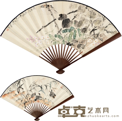 唐 云（1910～1993）、吴青霞（1910～2008）藤间珍禽图 芦雁图 50×18.5cm