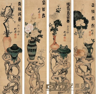竹禅法师（1825～1901） 寿喜富贵四屏 130.5×31cm×4