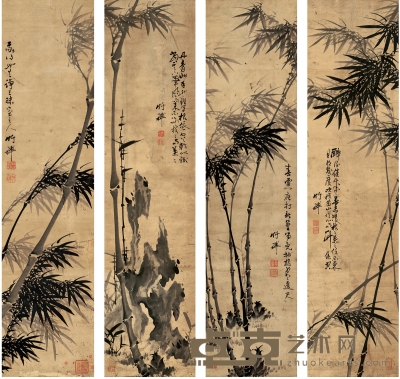 竹禅法师（1825～1901） 墨竹四屏 136.5×33cm×4