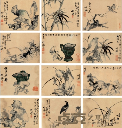 竹禅法师（1825～1901） 竹石博古四屏 36×28cm×12
