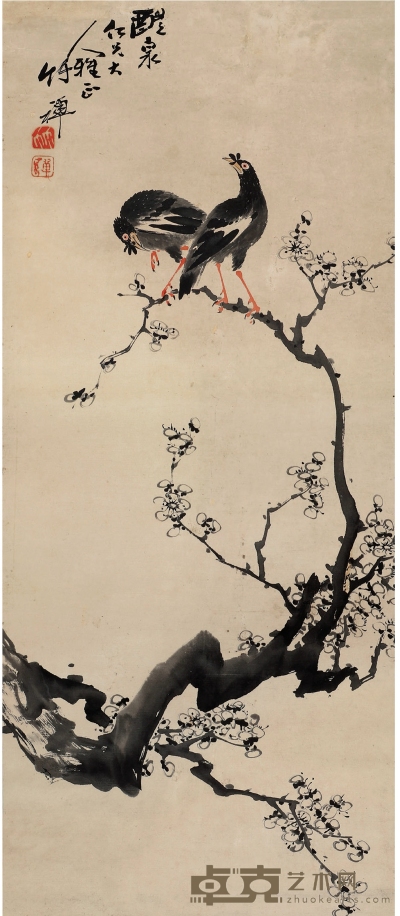 竹禅法师（1825～1901） 寒梅双栖图 96×40.5cm