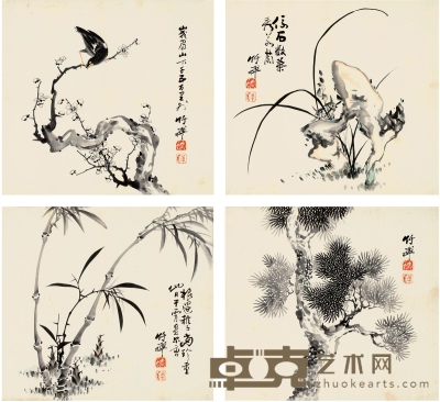 竹禅法师（1825～1901） 松竹梅兰 48×44cm×4
