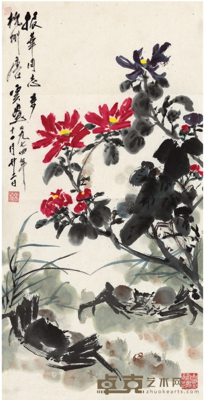 唐 云（1910～1993） 花香蟹肥图 68.5×34.5cm