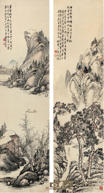 俞 云（1864～1938） 松涛闲逸图·湖山泛舟图 144×37.5cm×2