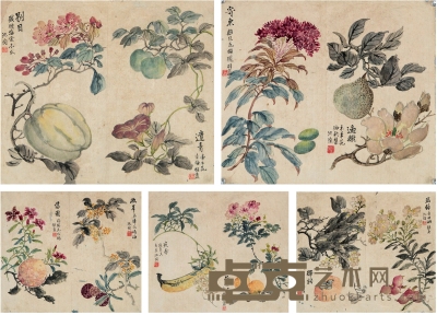 沈彬如（1915～2008） 早年花果五帧 33.5×29.5cm×5