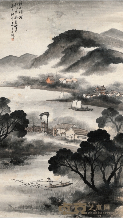 吴石僊（？～1916） 溪山烟雨图 139×78cm