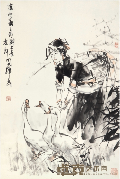 刘国辉（1940～ ） 少女饲鹅图 68×45.5cm