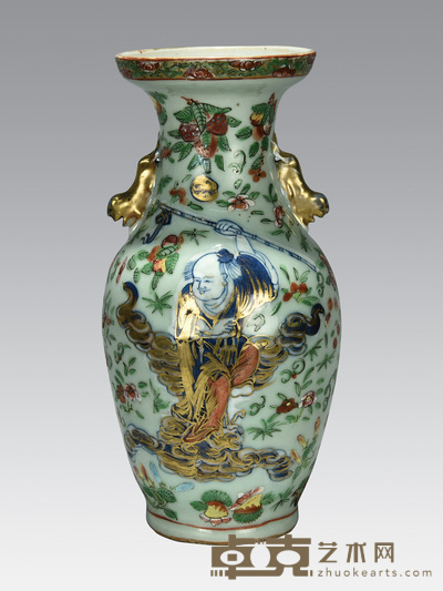 豆青釉描金五彩瓶 直径:12cm高:24cm