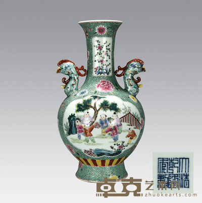 粉彩婴戏图双凤首玉壶春瓶 直径:20cm高:35.5cm