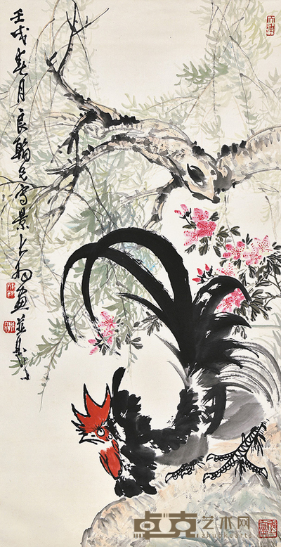 陈大羽、赵良翰 公鸡花卉 137×69cm