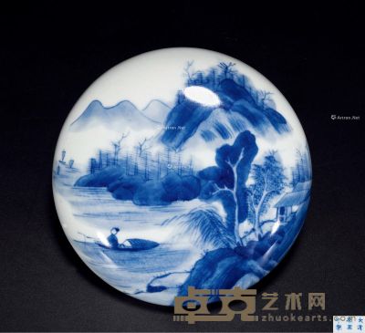 清 陈国治款 淡黄釉山水图雕瓷印盒 直径10.2cm