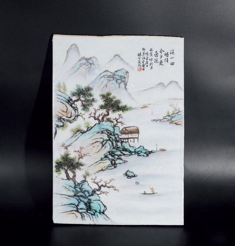 青花瓷屏山水人物瓷板画 （一对）