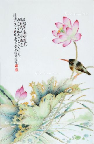 民国 荷塘鸟趣粉彩瓷板