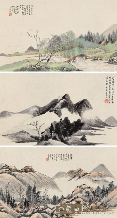 吴榖祥 蒙蒙山霭 32×51cm×3