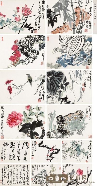 吴静山 花鸟书法册 33.5×45cm×14