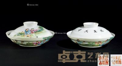 当代 王锡良制粉彩婴戏纹盖碗 （一对） 高11.5cm×2；直径25cm×2