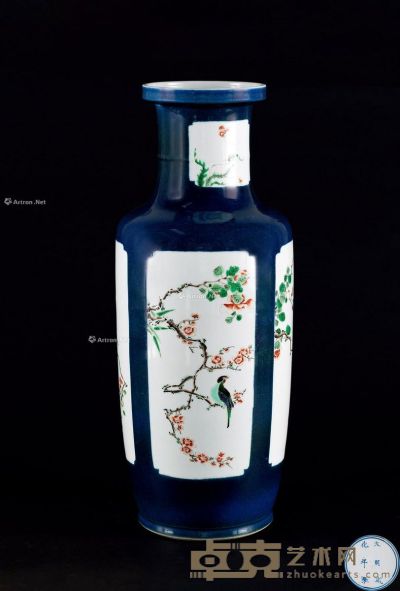 清 蓝釉开光五彩花鸟纹棒槌瓶 高47.5cm