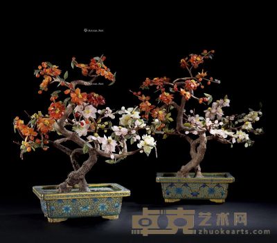 清 錾胎珐琅玉石梅花盆景 （一对） 高55cm