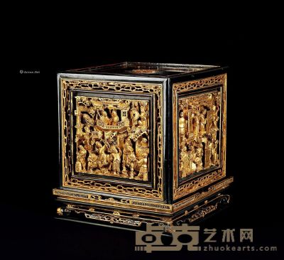 清中期 潮州木雕人物纹香薰盒 39×39cm