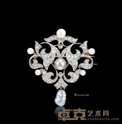 维多利亚时期 铂金镶钻石珍珠胸针 --