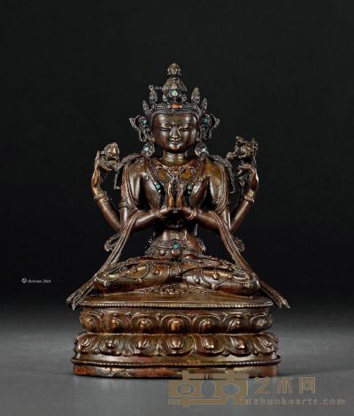 16世纪 合金铜四臂观音坐像 髙18.3cm