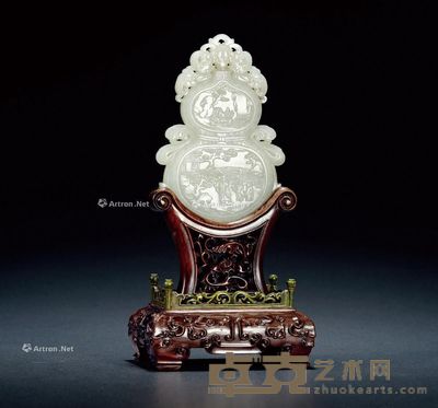 清 白玉雕葫芦形人物故事插屏 带座高20cm；玉长11.3cm；玉宽8cm