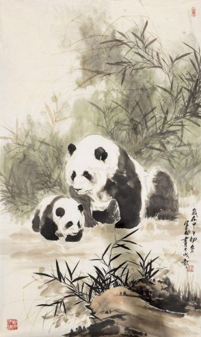 王申勇 熊猫母子图
