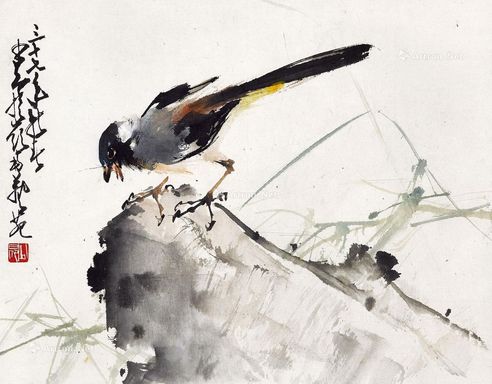 赵少昂 石上鸣禽