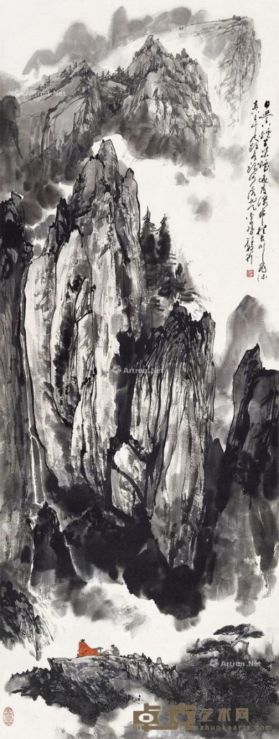颜梅华 观瀑图 123.7×46.7cm