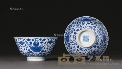清道光 青花缠枝牡丹纹碗 （一对） 直径11.4cm×2