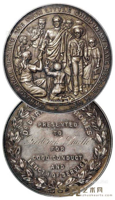 1905年英国“巴纳多之家”福利院致赠志愿者纪念银章一枚 直径5cm