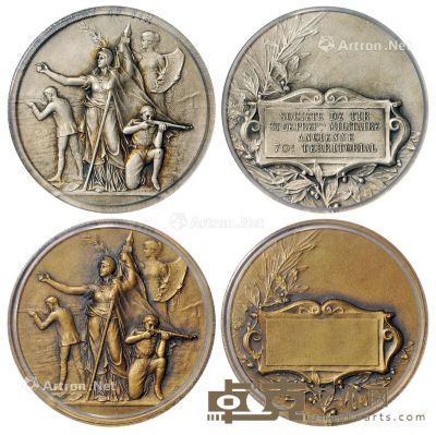 法国射击比赛铜镀银质、铜质奖章各一枚 直径4.5cm