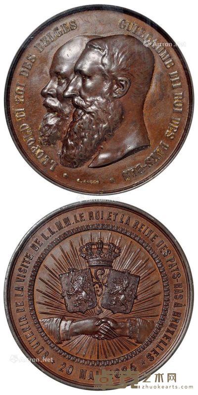 1884年比利时国王与荷兰女王访问布鲁塞尔大型纪念铜章一枚 直径6.9cm