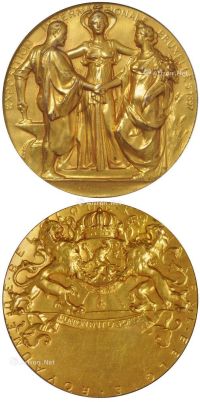 1897年比利时布鲁塞尔世界博览会大型铜鎏金荣誉奖章一枚