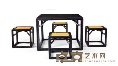 小叶紫檀 霸王杖四方桌一件、藤面四方凳 （四件） 桌75×103×105cm；椅45×46×46cm（4件相同）