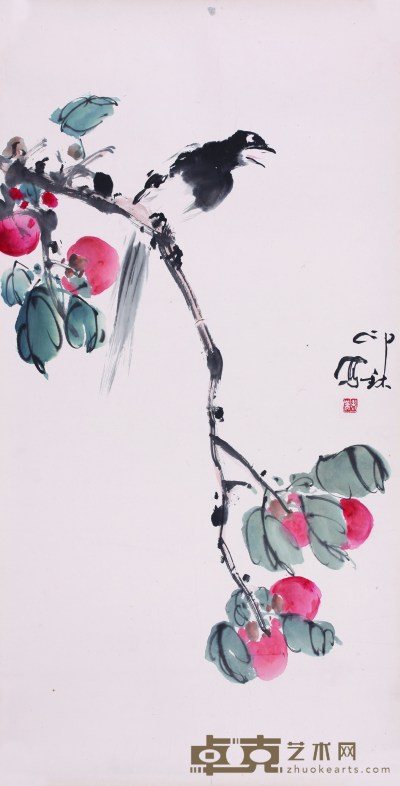 萧朗.喜鹊柿子 97cm×50cm.约4.4平尺